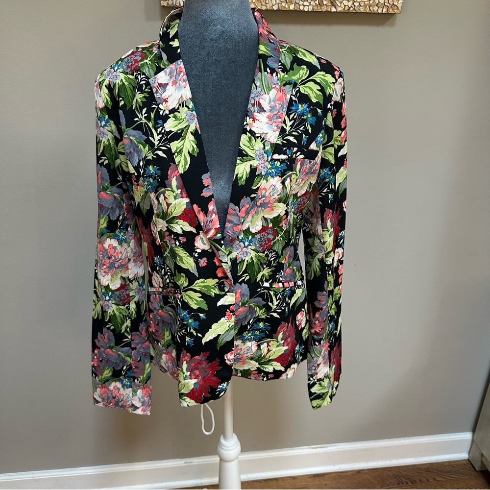 Aryn K Anthropologie Women's Bold Black Floral Blazer Button Jacket Coat Med